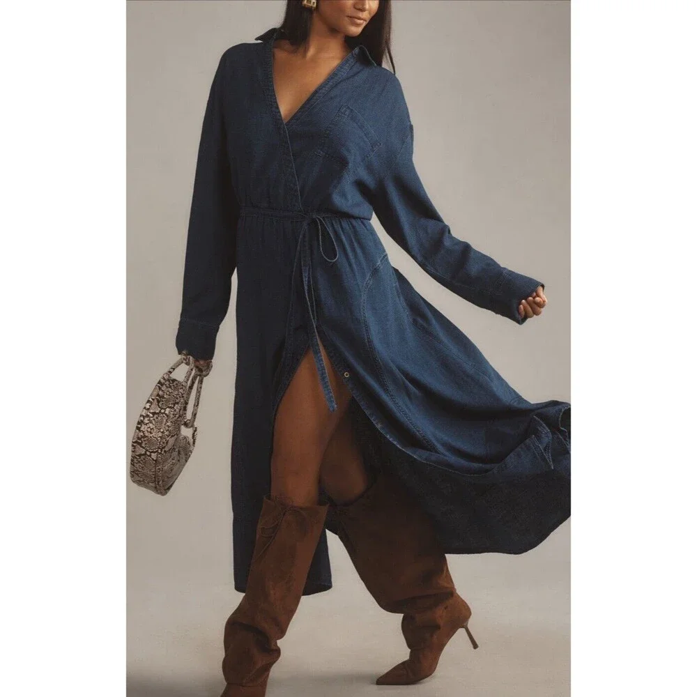 Anthropologie Pilcro Dress Wrap Midi Blue V Neck Cotton Preppy Boho Medium NWT